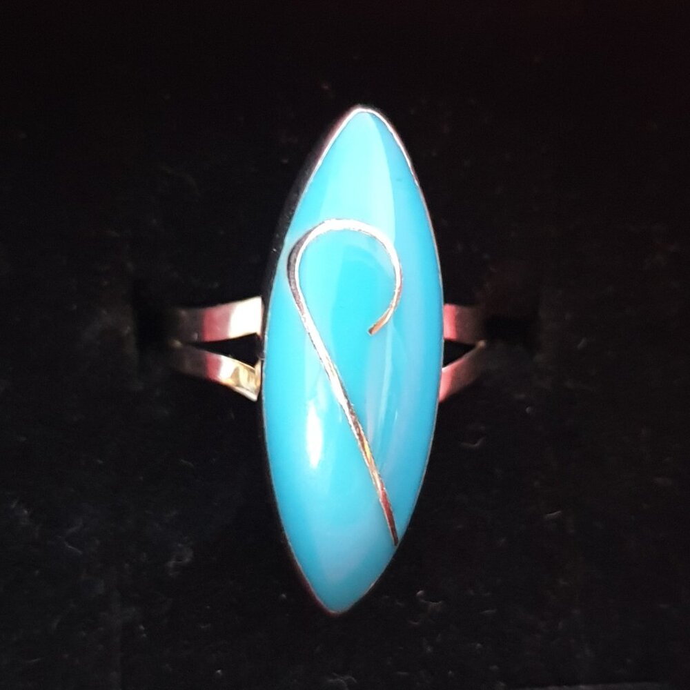 Vintage Blue Turquoise Color Resin Inlay Silver Tone Ring